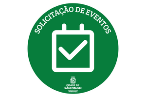 Imagem com fundo verde e escrita "solicitação de eventos" em branco e logo da Subprefeitura centralizado